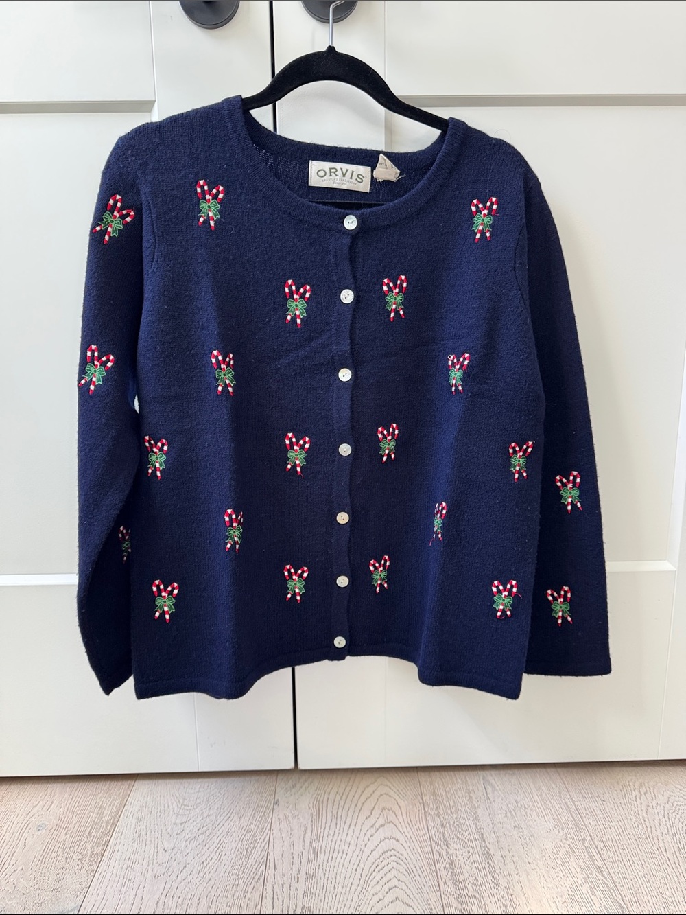Orvis Navy Wool Candy Cane Embroidered Cardigan Sweater